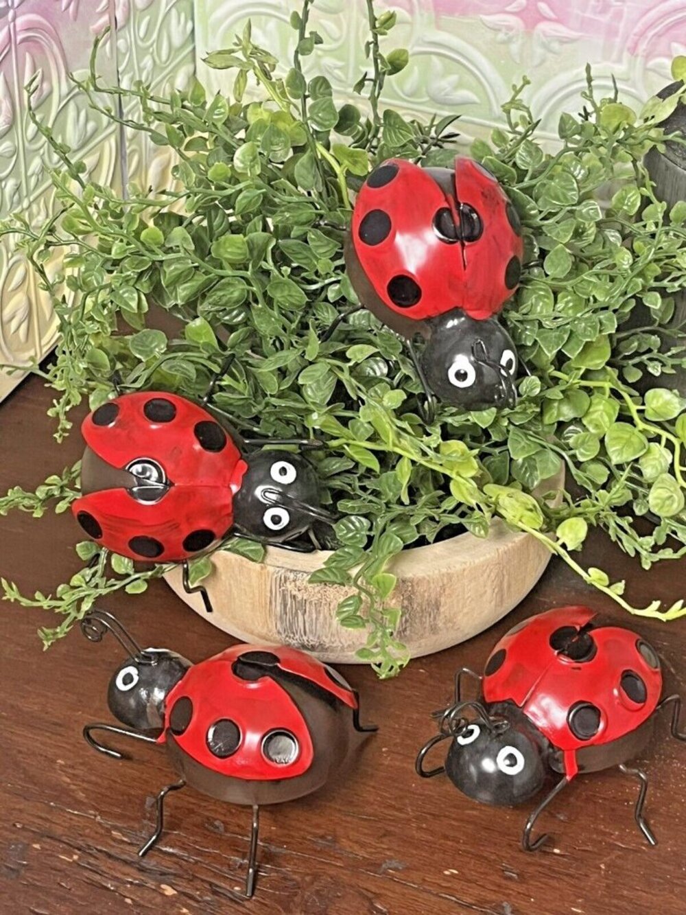 4 Pcs Red Ladybugs Small Beetle Bug WHIMSICAL Garden Statue Pot Sitter U56